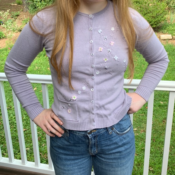 Vintage Sweaters - Vintage Silk Lavender Floral Beaded Cardigan